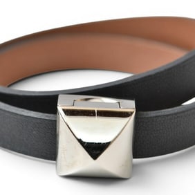 Hermes Bracelet Bangle Medor Infini Double Tour T2 Black Silver HERMES Leather Women's
