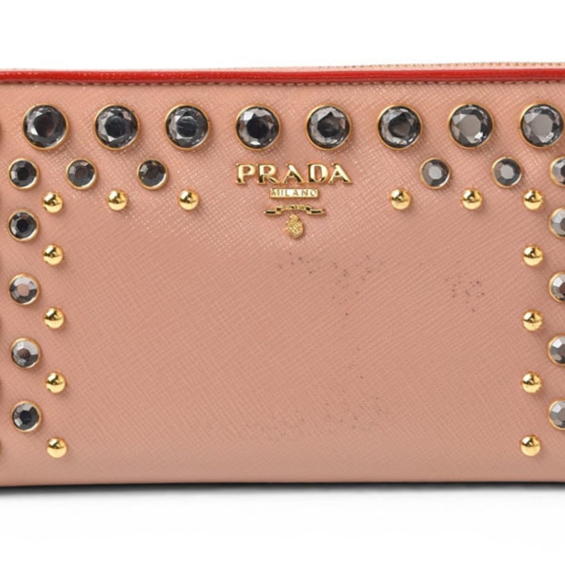 Prada wallet, PRADA long round, pink beige, rose, 1M0506, with jewel embellishments.: --- Catalog ---Category: SizeSize (HxWxD): 10.7cm x 19.5cm x 2.5cm / 4.21'' x 7.67'' x 0.98''Category: DesignType: Coin purse/coin caseColor: Beige rose, Pink beigeGender: WomenMaterial: Patent leathe