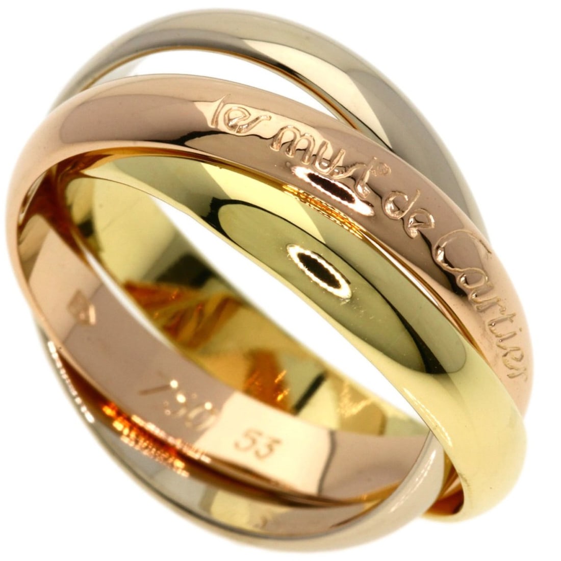Cartier Trinity #53 Ring - 18K Yellow Gold/18K Pink White Gold Women's CARTIER: --- Catalog ---Category: SizeJP Size: 13US Size: 6.5Category: DesignType: Band ringGender: WomenMaterial: Pink gold (18K), White gold (18K), Yellow gold (18K)Category: GeneralBrand: Cartier--- Item Li