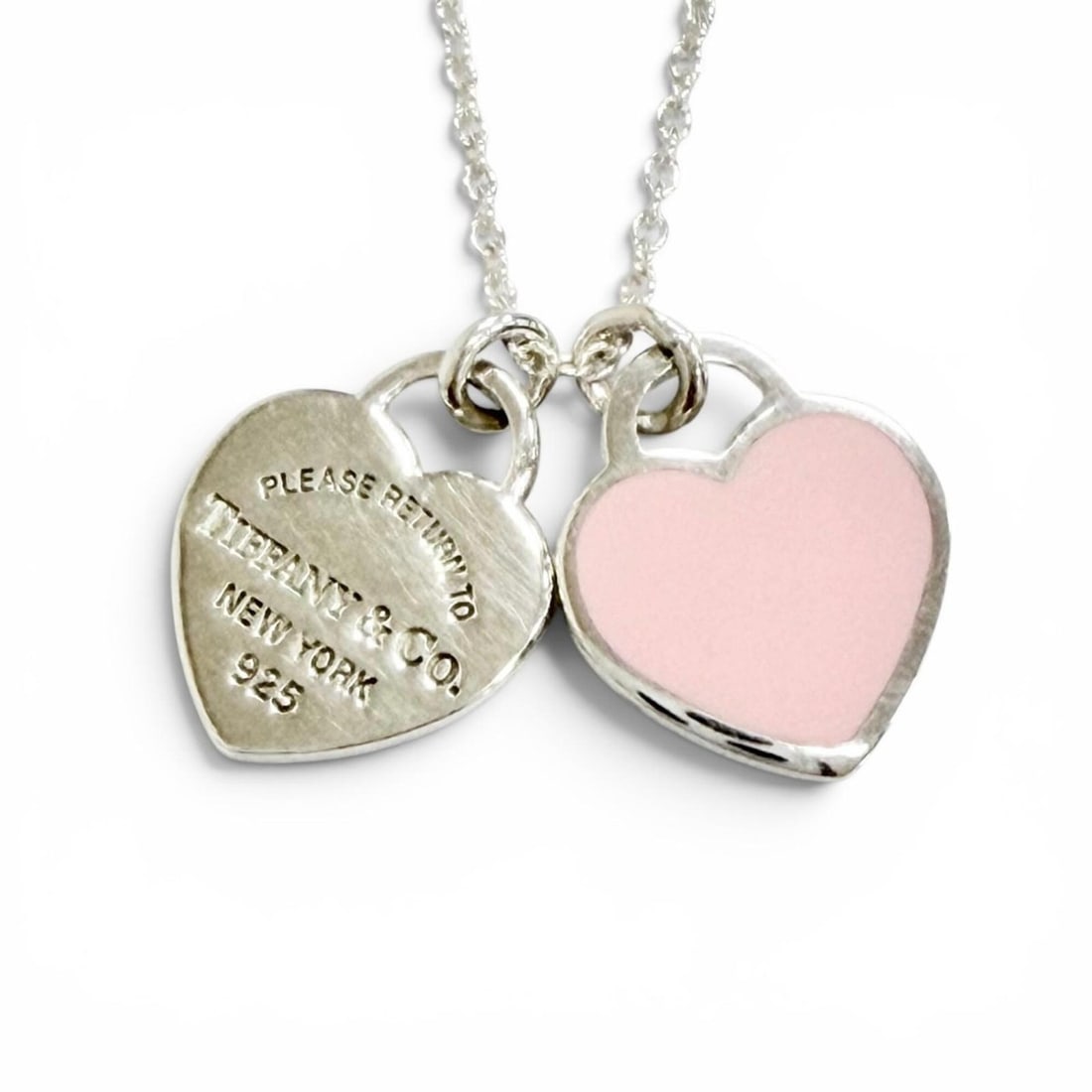 TIFFANY&Co. Tiffany & Co. Return to Pink Double Heart Tag Pendant 925 Silver Necklace, Weight 2.62g,: --- Catalog ---Category: SizePendant Size: 11mm x 10mm / 0.43'' x 0.39''Neck Circumference: 40 cm / 15.74''Category: DesignColor: Pink, SilverGender: WomenMaterial: Silver 925Necklace Type: NecklaceCa