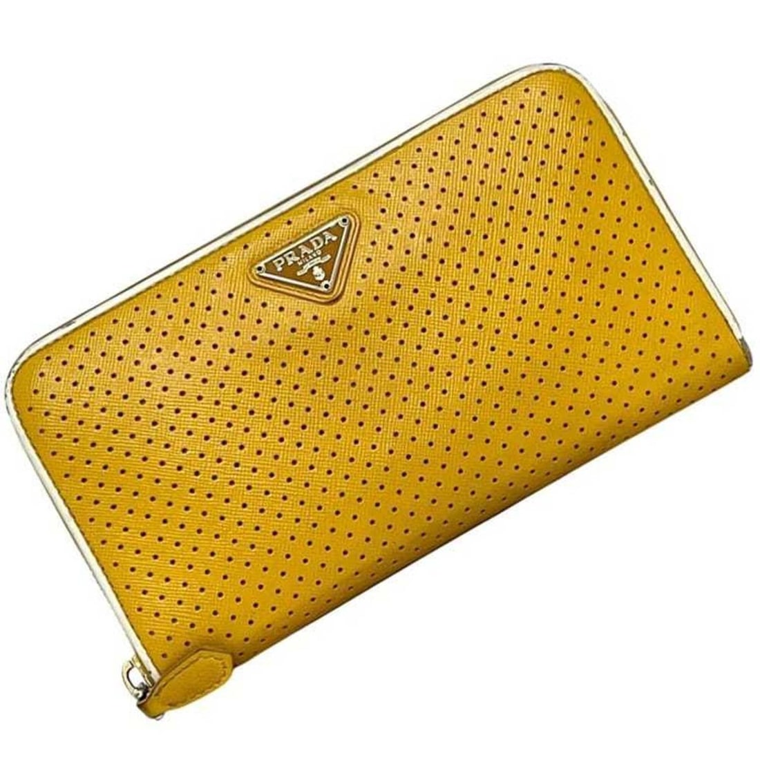 Prada Long Wallet, Round 1M0506 85, PRADA, Perforated Leather, Yellow, Unisex: --- Catalog ---Category: SizeSize (HxWxD): 10.5cm x 19cm x 2.5cm / 4.13'' x 7.48'' x 0.98''Category: DesignType: Long wallet (bi-fold)Color: YellowGender: Men,WomenMaterial: Leather Category: GeneralM