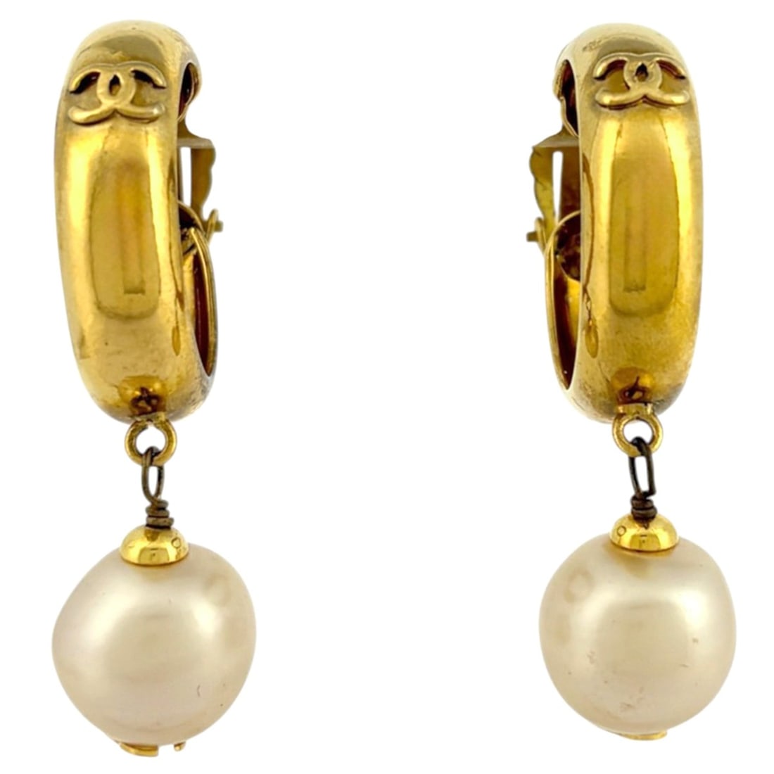 Chanel earrings, Coco Mark hoop swing, GP faux pearl, gold, women's. (1 of 10)