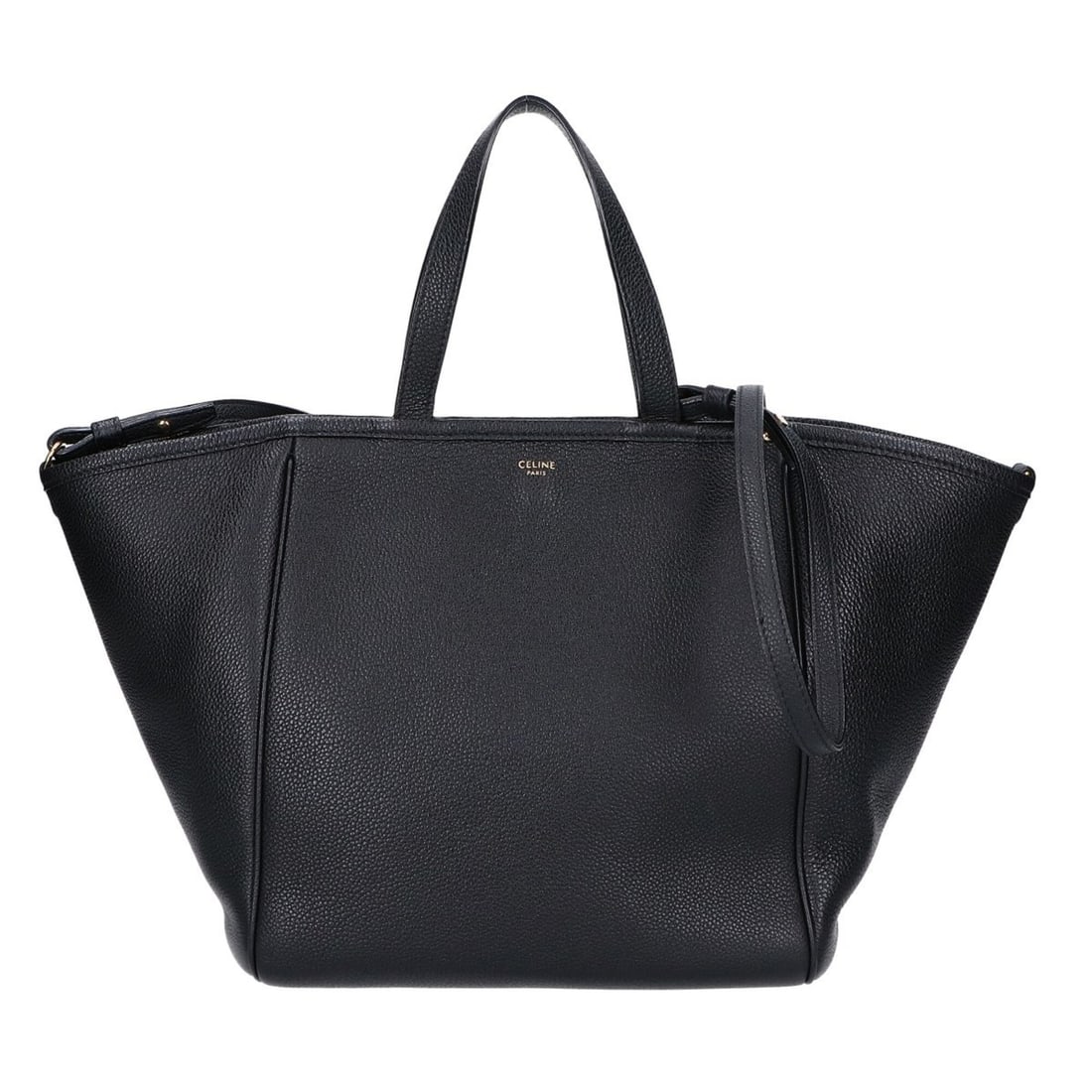 CELINE 194073 Grain Leather Small Fold Cabas 2-Way Bag Tote Black Gold Hardware Women's