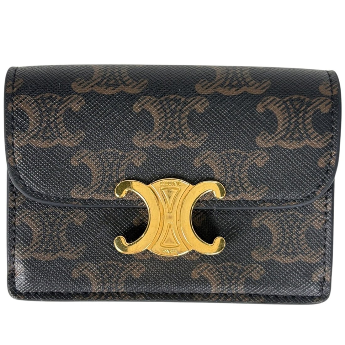 Celine CELINE Business Card Holder/Card Case Triomphe Coated Canvas Leather Black Brown Women's