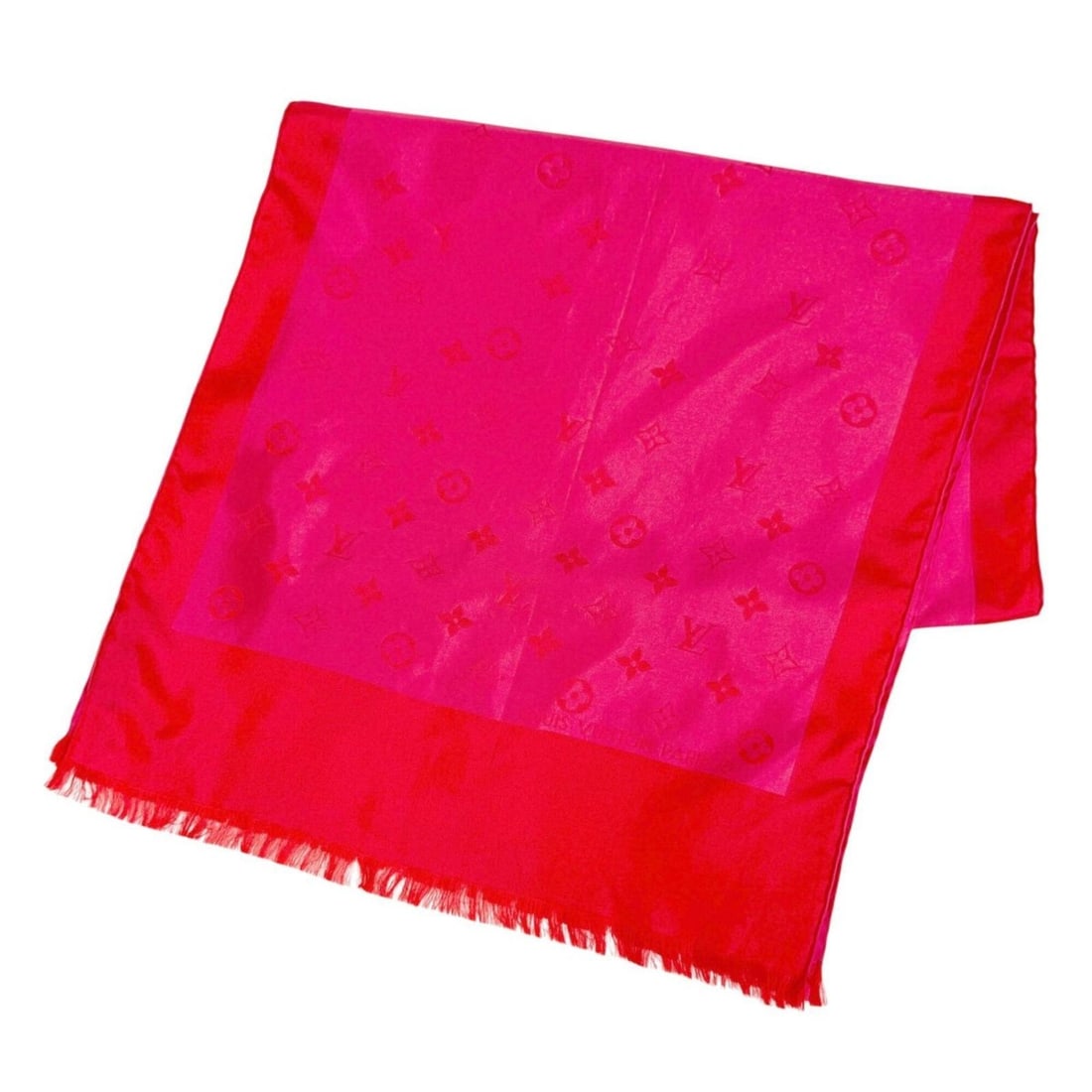 LOUIS VUITTON M71053 Echarpe Capri 100% Silk Monogram Mini Fringe Stole/Scarf Pink Red Made in Italy