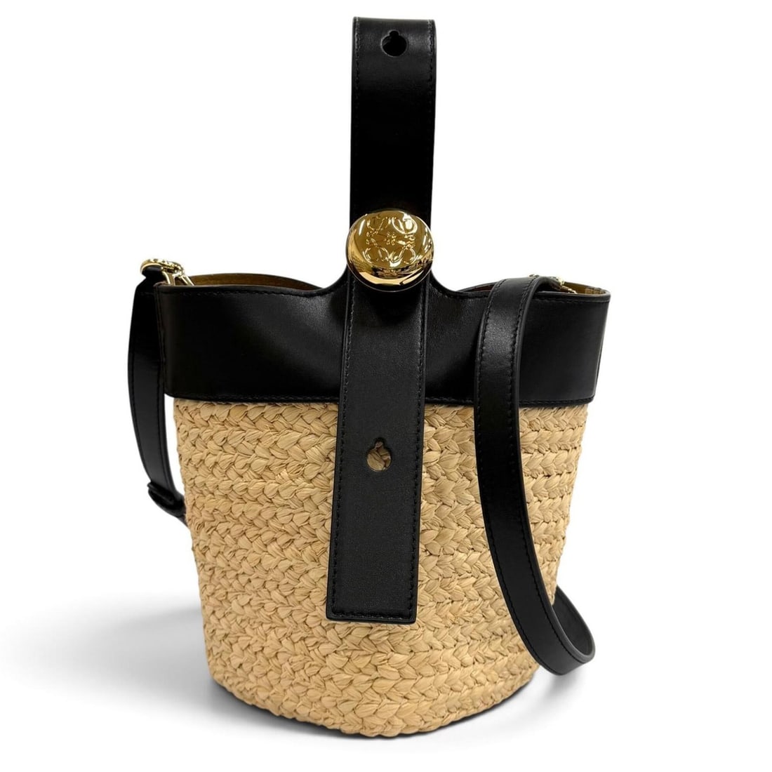 LOEWE AANBBBMX08 Pebble Bucket Bag, Raffia, Anagram, Leather Trim, Mini Basket 2-Way Shoulder (1 of 12)