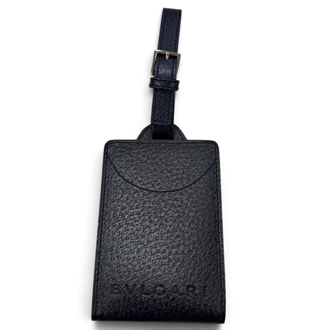 BVLGARI Bulgari Leather Embossed Logo Nameplate Name Tag Bag Charm Navy Silver Hardware Men's with