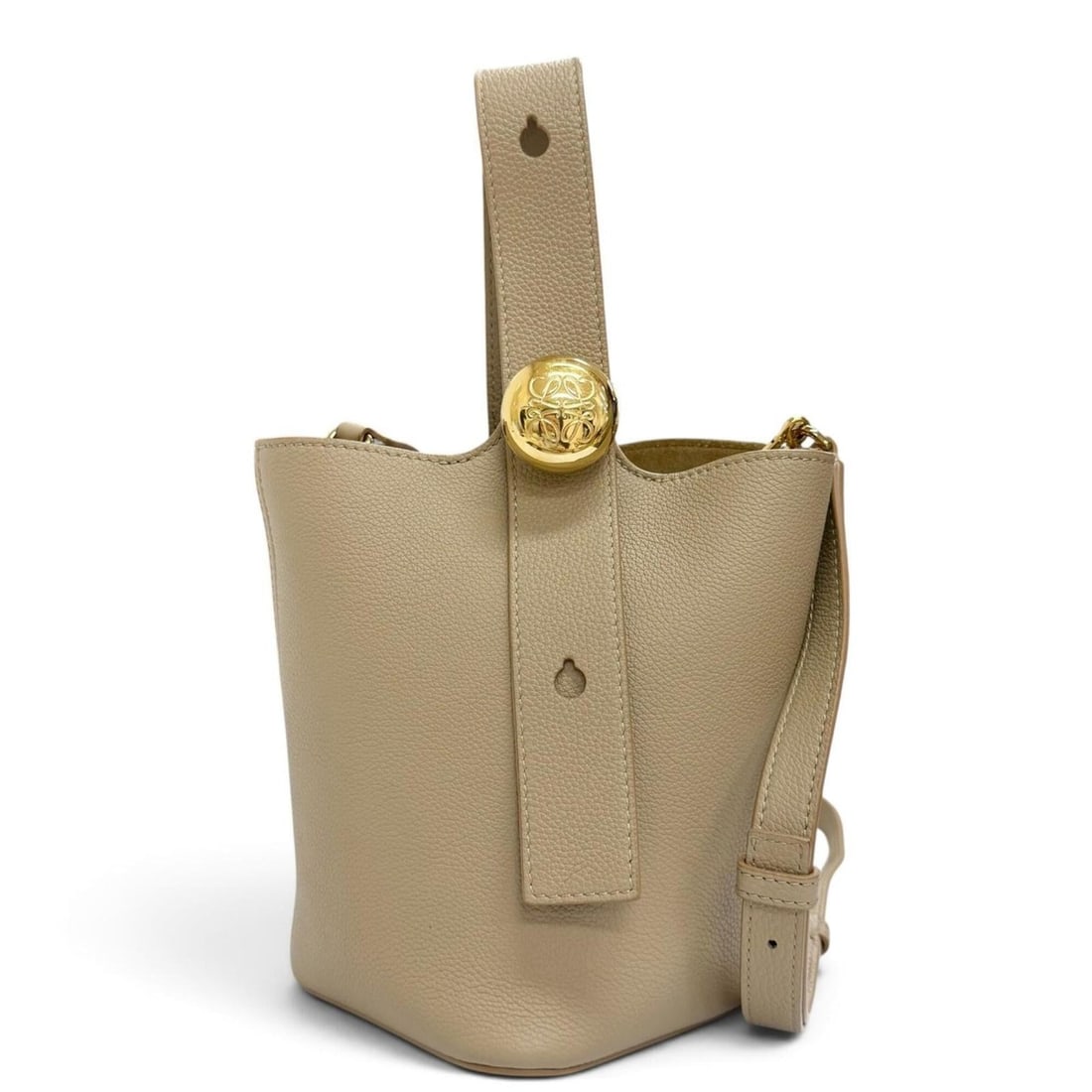 LOEWE AANBBBMX01 Pebble Bucket Bag Mini Leather Anagram 2-Way Shoulder Beige Gold Hardware Made in
