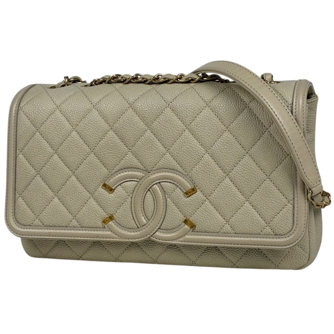 Chanel CHANEL Shoulder Bag CC Filigree Coco Mark Matelassé Double Chain Caviar Skin Light Beige: --- Catalog ---Category: SizeStrap Drop: 53cm / 20.86''Size (HxWxD): 15cm x 25cm x 6cm / 5.9'' x 9.84'' x 2.36''Category: DesignType: Shoulder bagColor: Light beigeGender: WomenMaterial: Grained Calfs