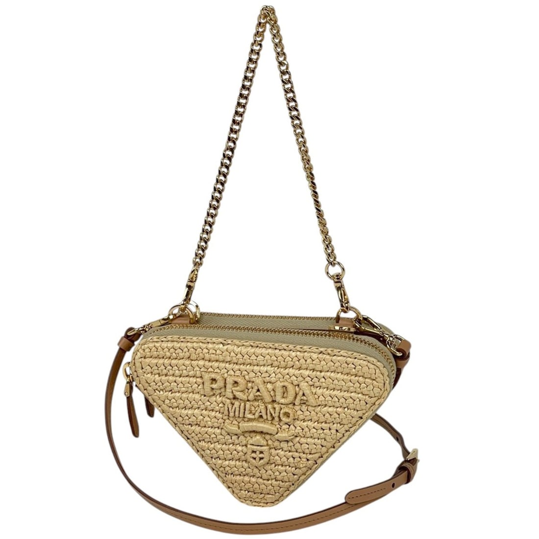 Prada Crochet Triangle 3-Way Raffia Bag, Natural Brown, 1NR015, Women's: --- Catalog ---Category: SizeSize (HxWxD): 10cm x 15cm x 5cm / 3.93'' x 5.9'' x 1.96''Category: DesignType: Shoulder bagColor: BrownGender: WomenMaterial: Raffia , Leather Category: GeneralBrand: Prad