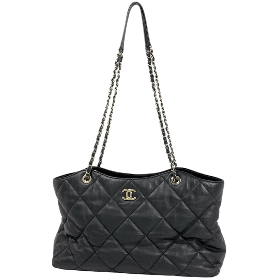 Chanel tote bag, Coco Mark, Matelassé, 2-way, drawstring type, leather, black, women's.: --- Catalog ---Category: SizeSize (HxWxD): 32cm x 38cm x 11cm / 12.59'' x 14.96'' x 4.33''Category: DesignType: Tote bagColor: BlackGender: WomenMaterial: Leather Category: GeneralLine: MatelasseBrand