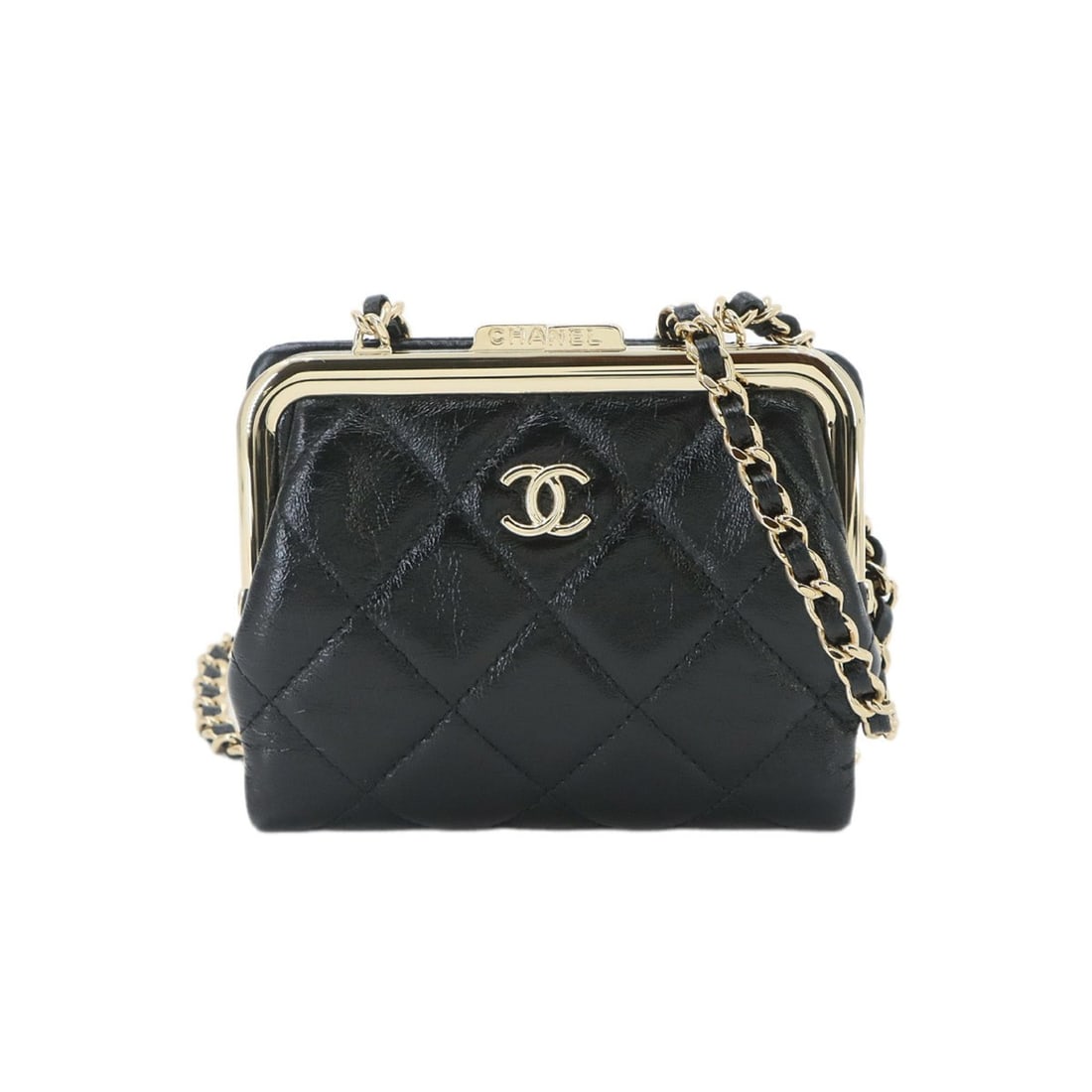 Chanel Matelassé Chain Wallet, Leather, Black with Gold Hardware: --- Catalog ---Category: SizeSize (HxWxD): 10cm x 12cm x 2.5cm / 3.93'' x 4.72'' x 0.98''Category: DesignType: Chain/Shoulder walletColor: BlackGender: WomenMaterial: Leather Category: GeneralBrand: C