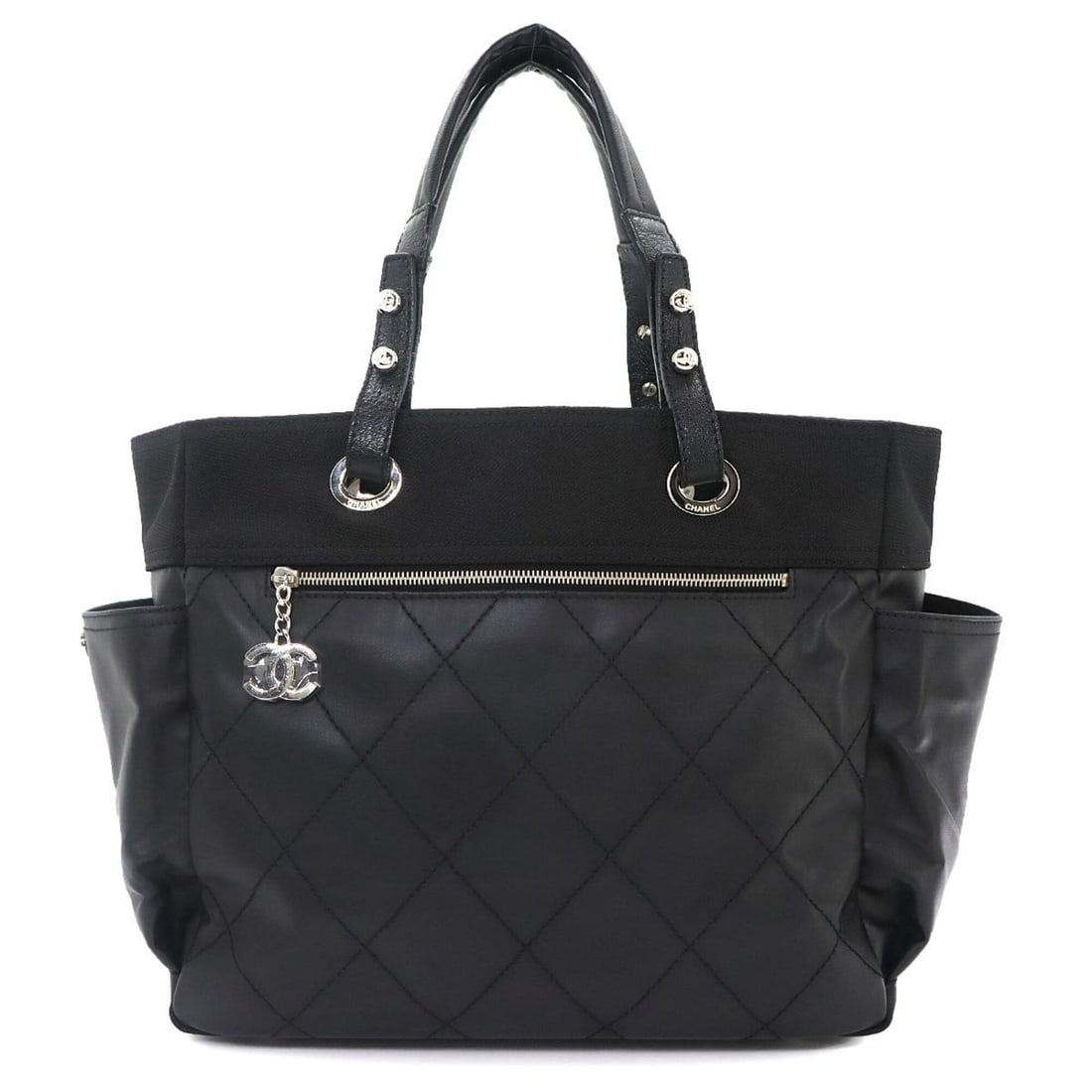 Chanel Paris Biarritz GM Tote Handbag, Nylon Leather, Black, A34210