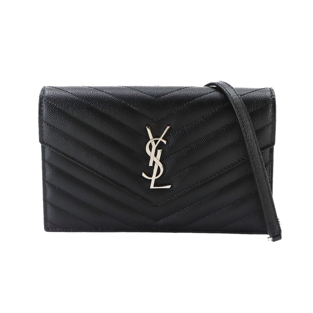 Saint Laurent Cassandre Envelope Chain Wallet, Long Leather, Black, 742920, Silver Hardware