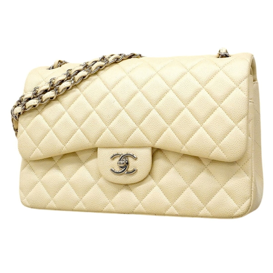 Chanel Shoulder Bag, Large Matelassé, Double Flap, Chain, Caviar Leather, Ivory, Women's: --- Catalog ---Category: SizeSize (HxWxD): 20cm x 30cm x 9cm / 7.87'' x 11.81'' x 3.54''Category: DesignType: Shoulder bagColor: IvoryGender: WomenMaterial: Grained Calfskin Category: GeneralBrand: Ch