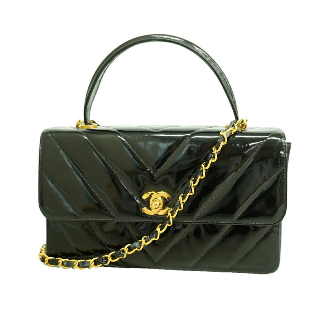 Chanel V-stitch chain shoulder handbag, patent leather, black, 2-way bag for women