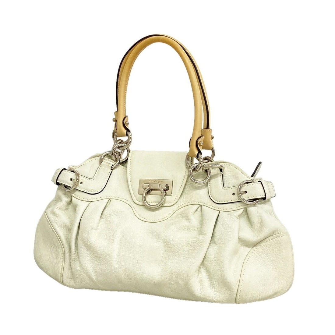 Salvatore Ferragamo Gancini Leather Handbag, White/Beige, Women's: --- Catalog ---Category: SizeSize (HxWxD): 18cm x 35cm x 1.5cm / 7.08'' x 13.77'' x 0.59''Category: DesignType: HandbagColor: Beige, WhiteGender: WomenMaterial: Leather Hardware Color: SilverCategory: