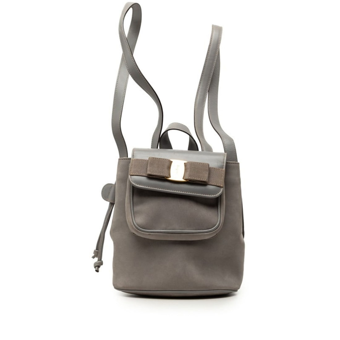 Salvatore Ferragamo Vara Ribbon Backpack, Gray Suede Leather, Women's: --- Catalog ---Category: SizeSize (HxWxD): 21cm x 19cm x 12cm / 8.26'' x 7.48'' x 4.72''Category: DesignType: BackpackColor: GrayGender: WomenMaterial: Suede , Leather Category: GeneralBrand: Salvator