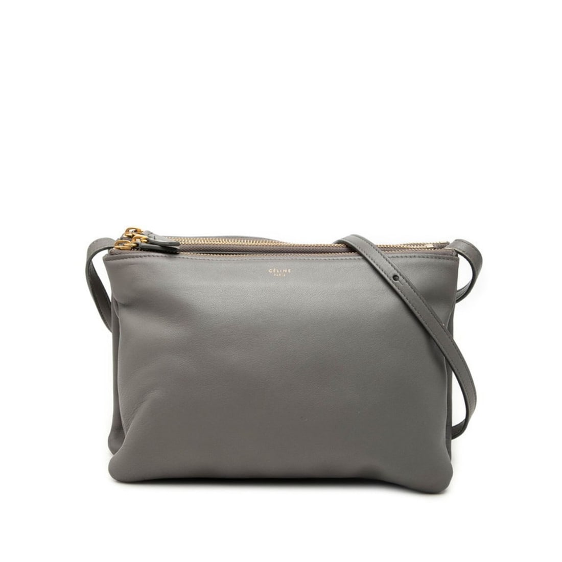 Celine Trio Crossbody Shoulder Bag, Gray Leather, Women's CELINE: --- Catalog ---Category: SizeSize (HxWxD): 17cm x 24.5cm x 3cm / 6.69'' x 9.64'' x 1.18''Category: DesignType: Shoulder bagColor: GrayGender: WomenMaterial: Leather Category: GeneralBrand: Celine--- I