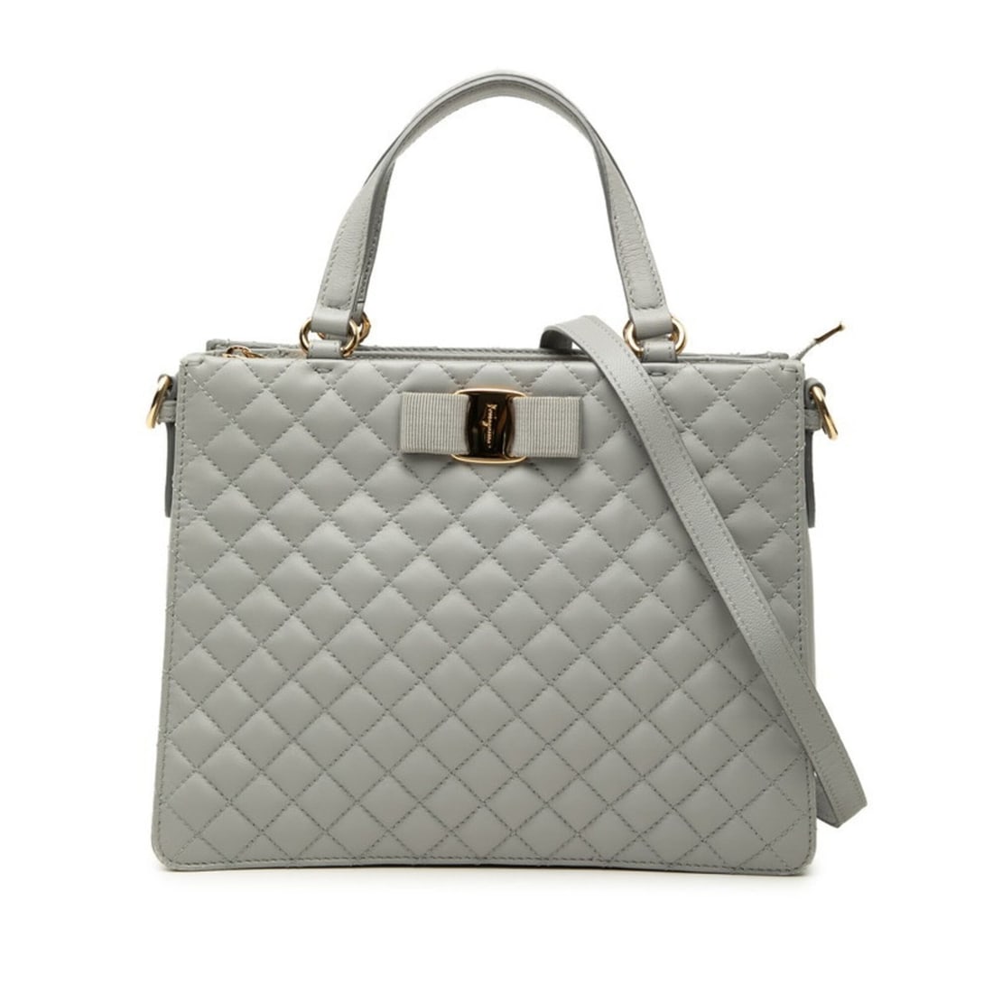 Salvatore Ferragamo Quilted Vara Ribbon Handbag/Shoulder Bag, 2-Way, Gray Leather, Women's: --- Catalog ---Category: SizeSize (HxWxD): 20cm x 26cm x 7cm / 7.87'' x 10.23'' x 2.75''Category: DesignType: Handbag, Shoulder bagColor: GrayGender: WomenMaterial: Leather Category: GeneralBrand: Sal