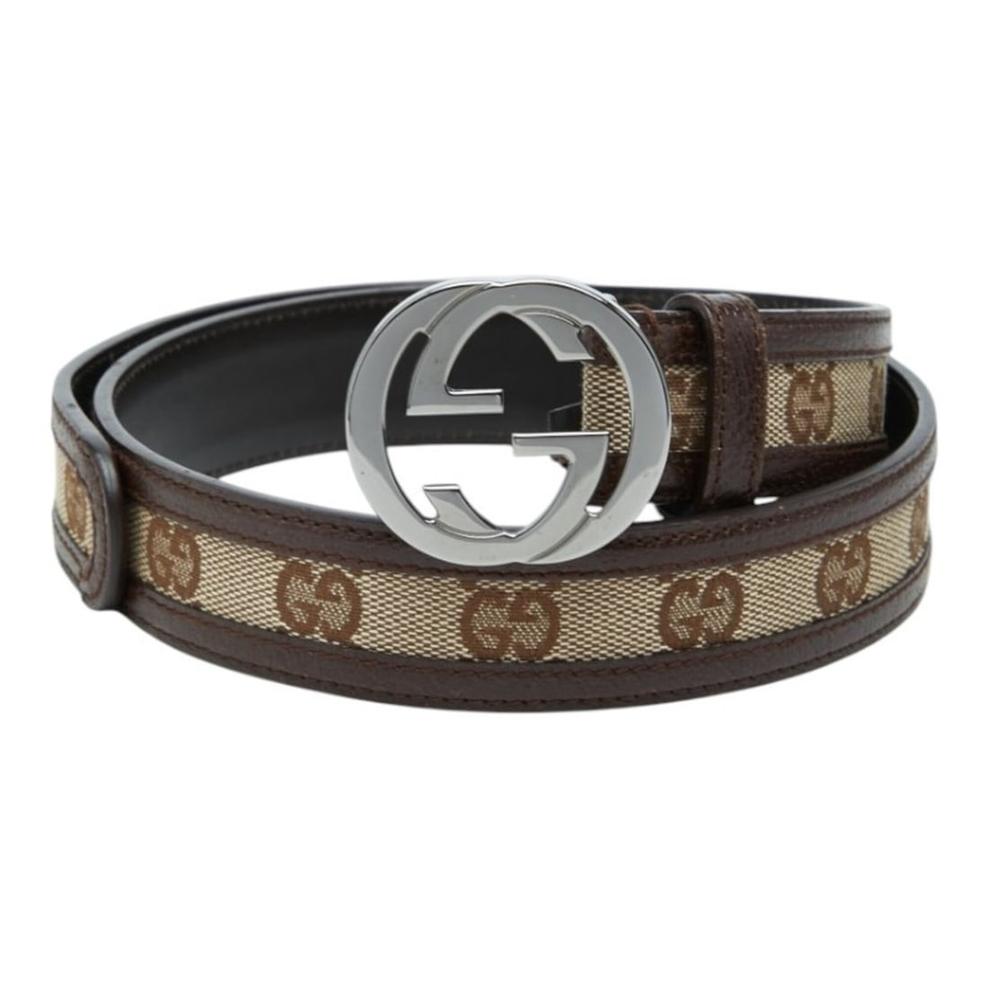 Gucci Interlocking G GG Canvas Logo Buckle Belt 114874 Beige Brown Leather Women's GUCCI