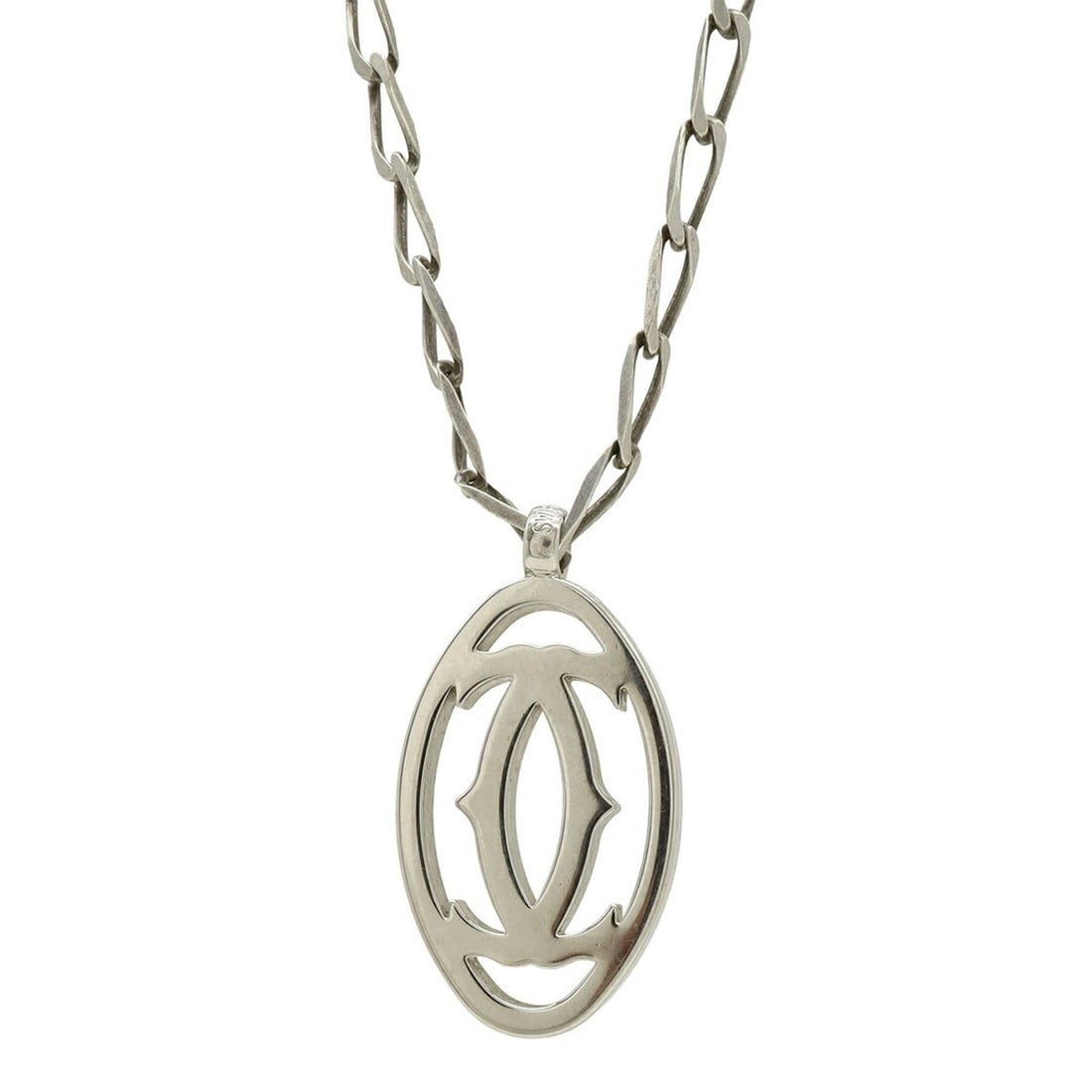 Cartier 2C motif pendant top/head/charm necklace in silver with aftermarket chain.: --- Catalog ---Category: SizePendant Size: 38mm x 24mm / 1.49'' x 0.94''Neck Circumference: 58 cm / 22.83''Category: DesignColor: SilverGender: WomenMaterial: MetalPendant Type: PendantNecklace Type: 