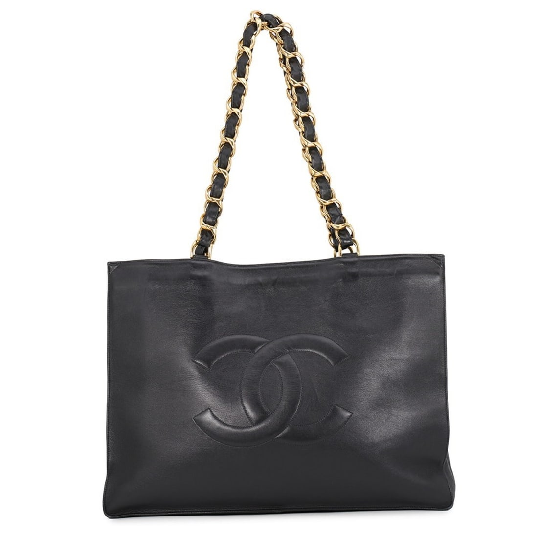 Chanel Tote Bag, Coco Mark Leather, CHANEL Handbag, Large Chain Tote, Black, Handbag for Women,