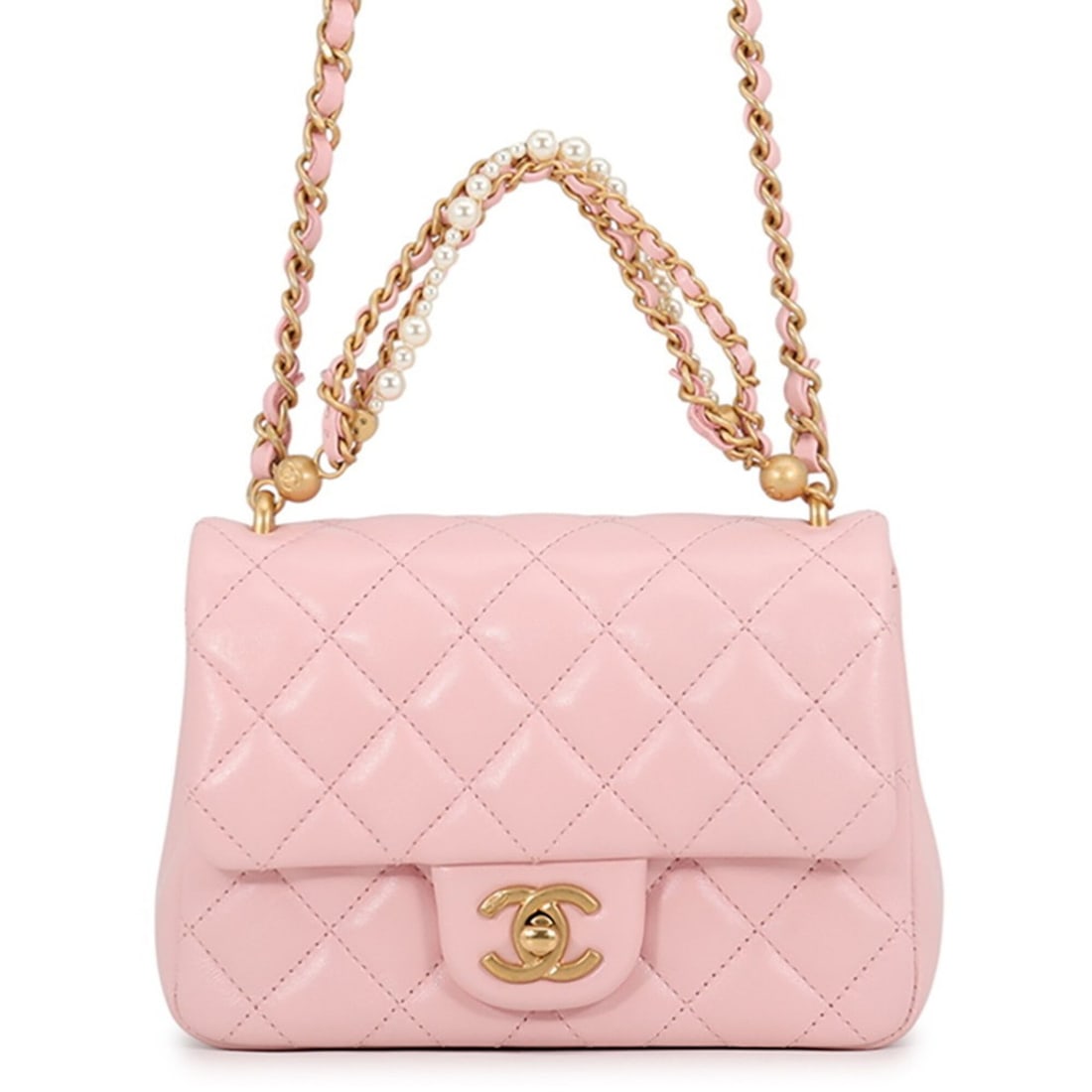 Chanel Chain Shoulder Bag, Matelassé, Coco Mark, Faux Pearl, Calfskin, CHANEL Handbag, Women's: --- Catalog ---Category: SizeSize (HxWxD): 13cm x 18cm x 5.5cm / 5.11'' x 7.08'' x 2.16''Category: DesignType: Shoulder bagColor: PinkGender: WomenMaterial: Leather Category: GeneralBrand: ChanelCount