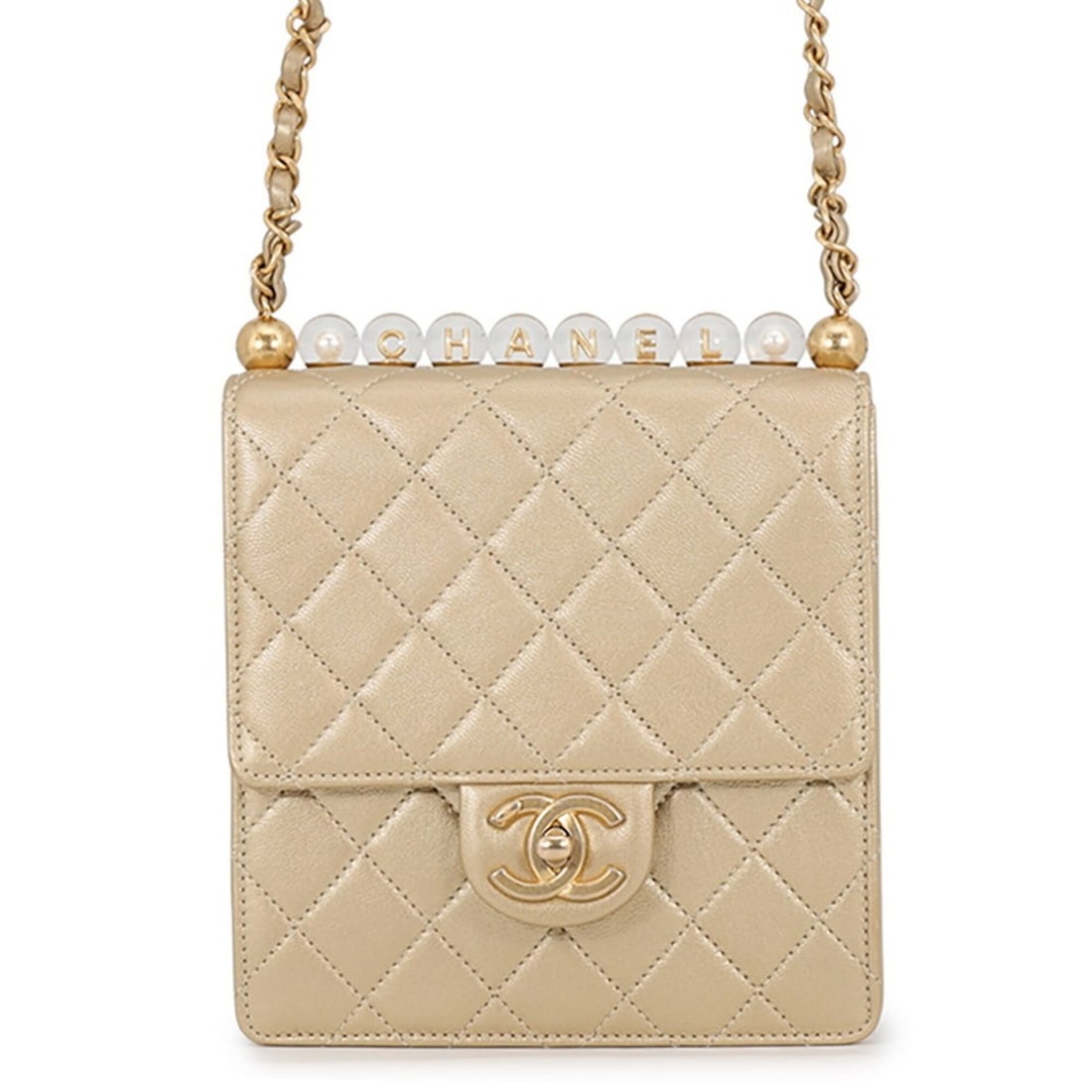 Chanel Chain Shoulder Bag, Matelassé, Coco Mark, Square Shape, CHANEL Handbag, Women's: --- Catalog ---Category: SizeSize (HxWxD): 17cm x 16cm x 4cm / 6.69'' x 6.29'' x 1.57''Category: DesignType: Shoulder bagColor: Champagne goldGender: WomenMaterial: Leather Category: GeneralBrand: Cha