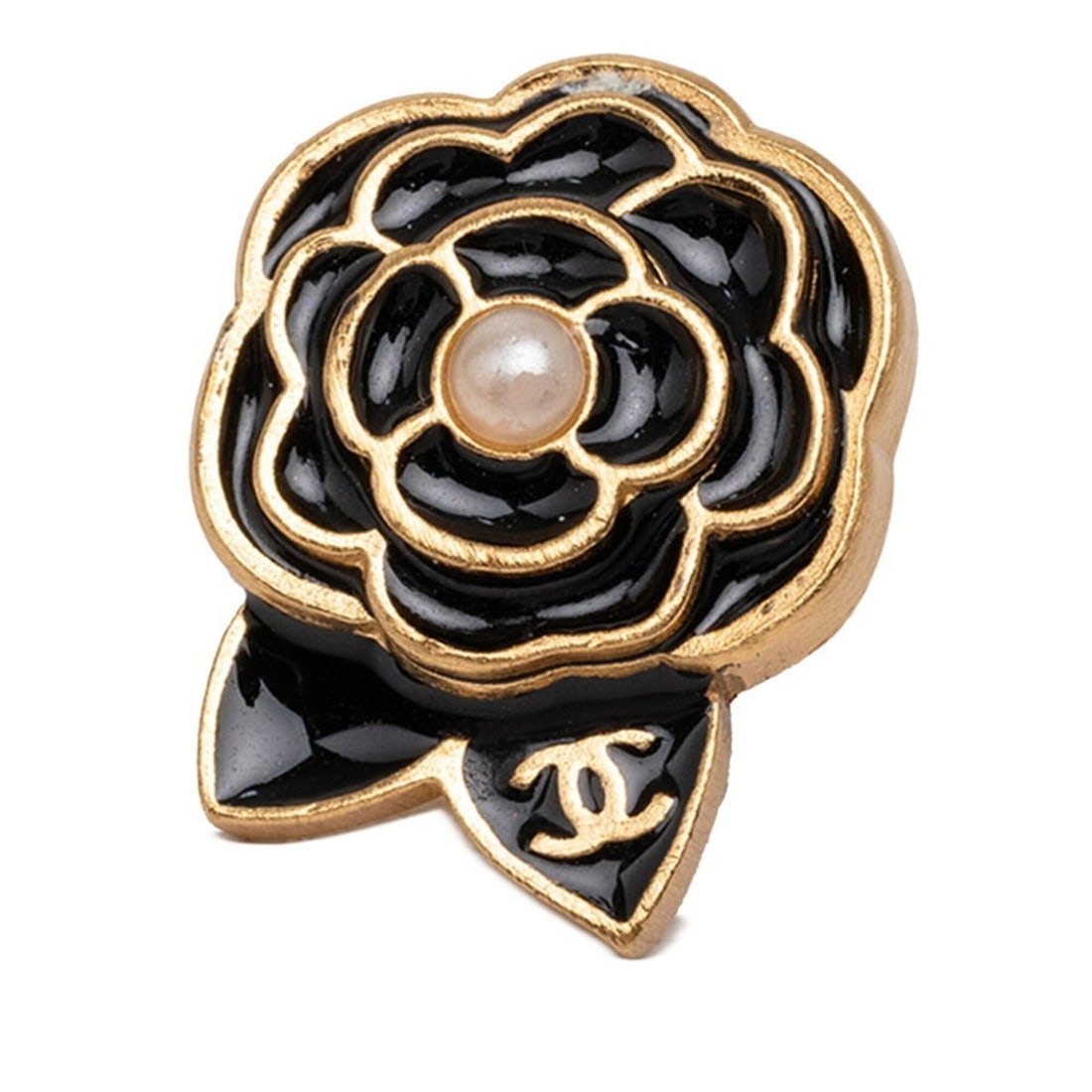 Chanel Coco Mark Camellia Pin Brooch Pins 02A Gold Black Plated Faux Pearl Women's CHANEL