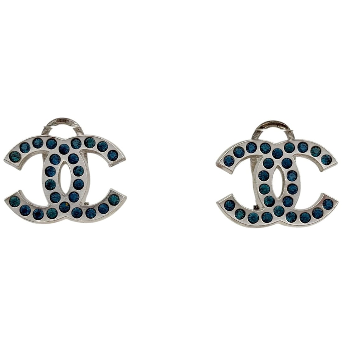 Chanel earrings, Coco Mark design, silver plated, rhinestone, silver, blue, women's.