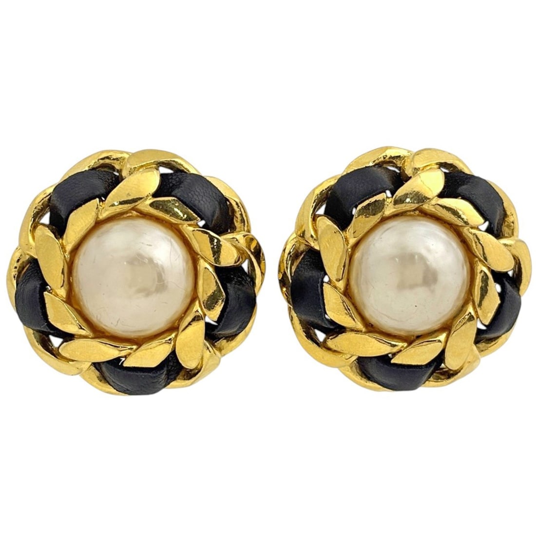 Chanel earrings, Coco Mark design, GP leather, gold, black, women's. (1 of 13)