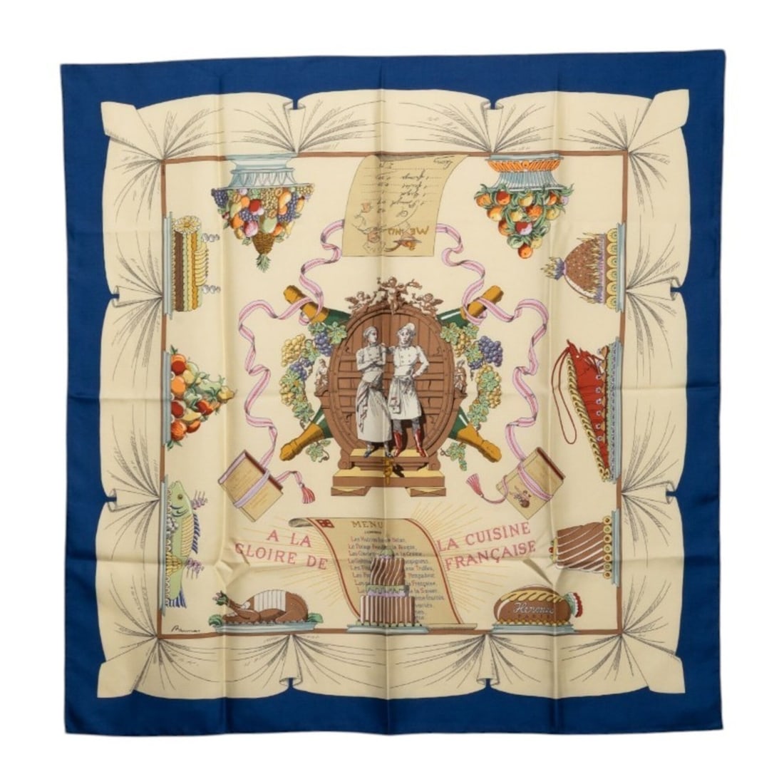 Hermes Carre 90 "A La Gloire De Cuisine FRANCAISE" Scarf/Muffler, Blue/Beige Silk, Women's.: --- Catalog ---Category: SizeSize (LxW): 90cm x 89cm / 35.43'' x 35.03''Category: DesignType: ScarfColor: Beige, BlueGender: WomenMaterial: Silk Category: GeneralBrand: HermesCountry of Origin: France