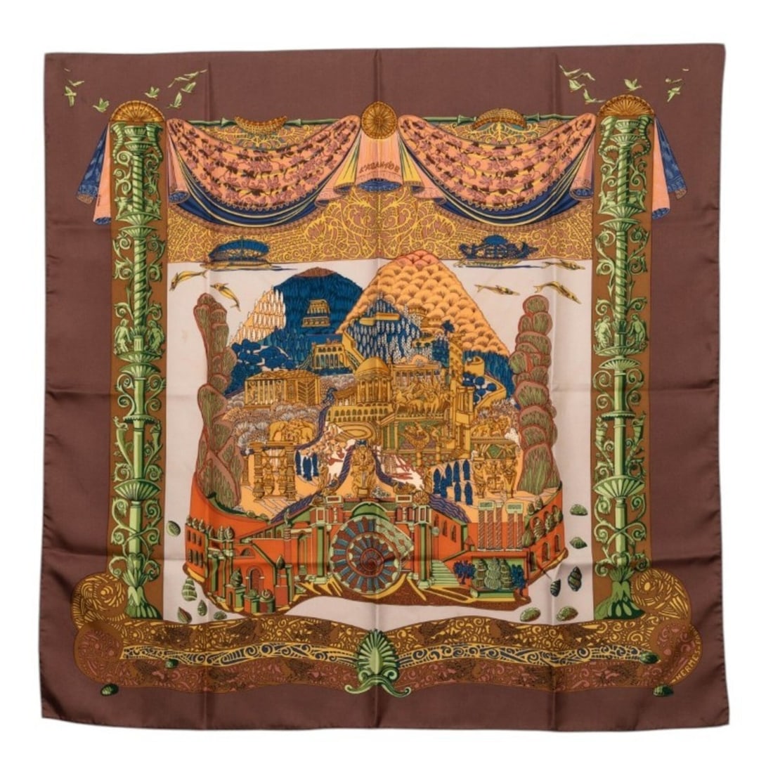 Hermes Carre 90 L'ATLANTIDE (Atlantis) Scarf/Muffler, Brown Silk, Women's HERMES
