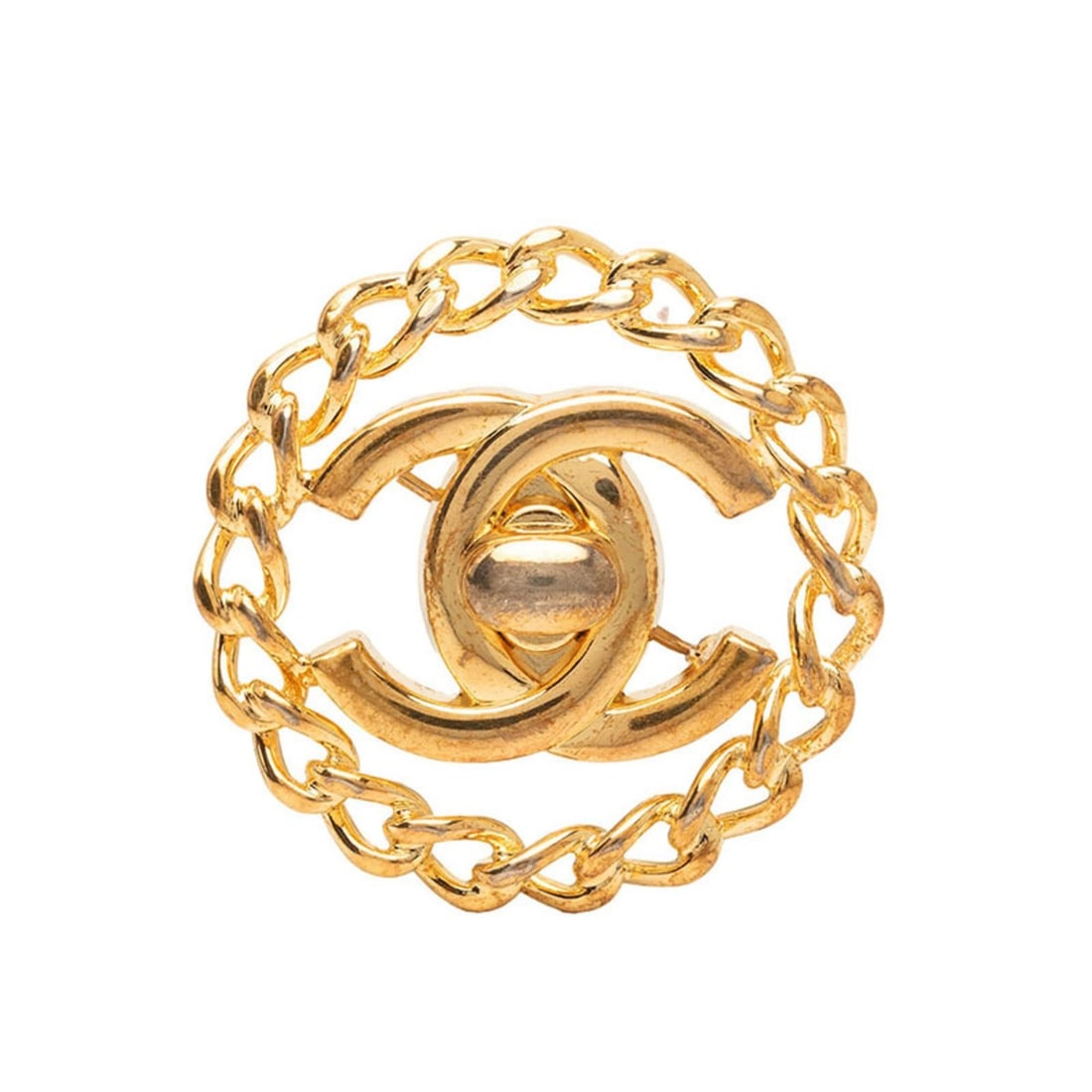 Chanel Coco Mark Turnlock Chain Motif Vintage Brooch 97A Gold Plated GP Women's CHANEL: --- Catalog ---Category: SizeSize (HxWxD): 3.9cm x 3.9cm / 1.53'' x 1.53''Category: DesignType: BroochColor: GoldGender: WomenMaterial: Gold platingCategory: GeneralBrand: Chanel--- Item List ---Secti