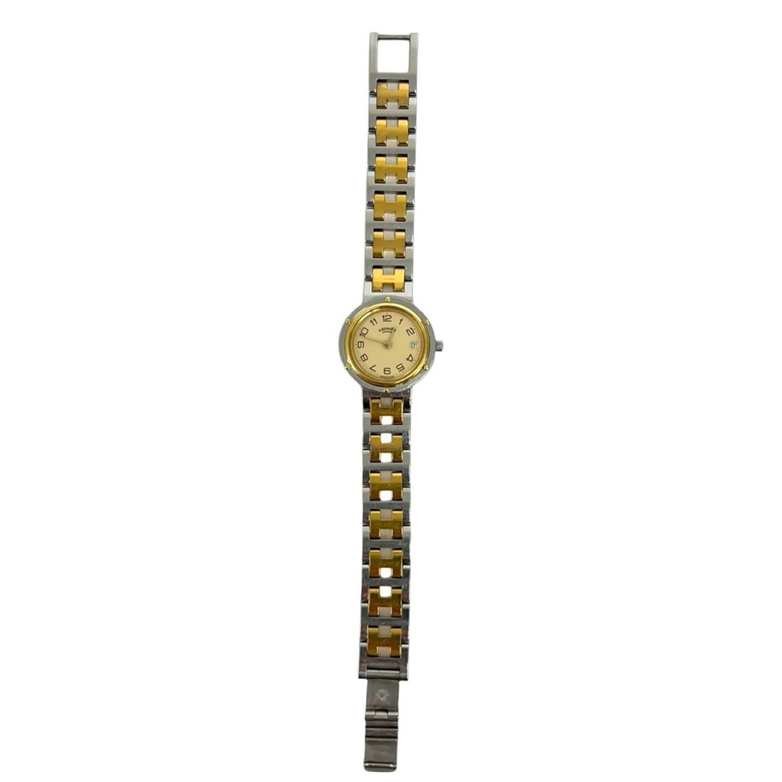 HERMES Clipper Stainless Steel GP Quartz Wristwatch, Silver, 30124: --- Catalog ---Category: SizeWrist Size: 15.5cm / 6.1''Case Diameter: 24mm / 0.94''Category: DesignType: WristwatchGender: WomenMaterial (Band): Gold plated, Stainless steelMaterial (Case): Gold plate
