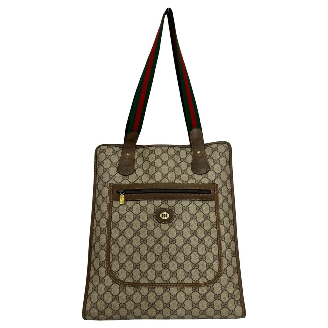 GUCCI Vintage Sherry Line GG Logo Leather Tote Bag (Brown, Red, Green) 46516: --- Catalog ---Category: SizeSize (HxWxD): 39cm x 34cm x 8cm / 15.35'' x 13.38'' x 3.14''Category: DesignType: Tote bagColor: Brown, Green, Red colorGender: WomenMaterial: Leather , PVC Category: Gene