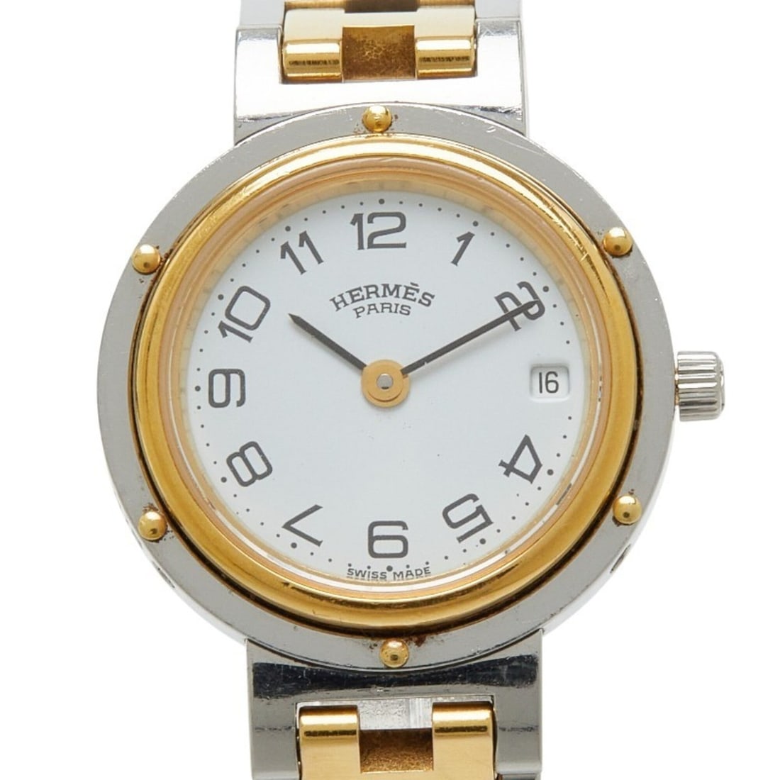 Hermes Clipper Watch CL4.220 Quartz White Dial Stainless Steel Women's HERMES: --- Catalog ---Category: SizeWrist Size: 13.5cm / 5.31''Case Diameter: 24mm / 0.94''Category: DesignType: WristwatchGender: WomenColor (Dial): WhiteMaterial (Band): Stainless steelMaterial (Case): Sta