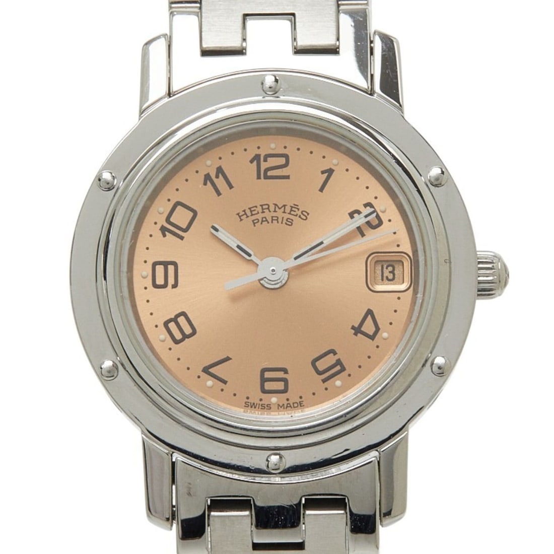 Hermes Clipper Watch CL4.210 Quartz Pink Dial Stainless Steel Women's HERMES: --- Catalog ---Category: SizeWrist Size: 15cm / 5.9''Case Diameter: 24mm / 0.94''Category: DesignType: WristwatchGender: WomenColor (Dial): PinkMaterial (Band): Stainless steelMaterial (Case): Stainle