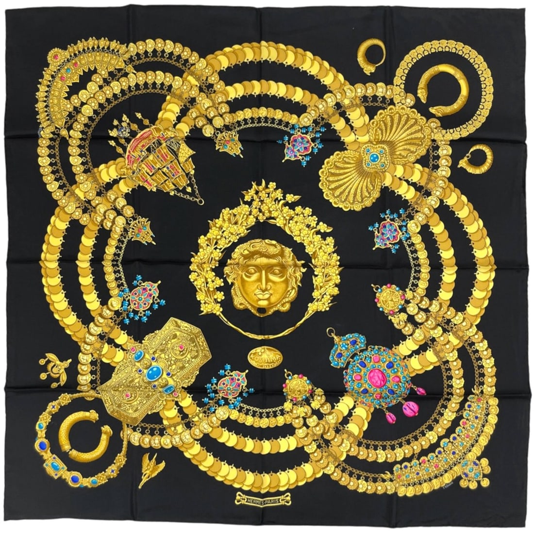 Hermes HERMES Carre 90 KOSMIMA Scarf Muffler Space Silk Black Gold Women's: --- Catalog ---Category: SizeSize (LxW): 90cm x 88.5cm / 35.43'' x 34.84''Category: DesignType: ScarfColor: BlackGender: WomenMaterial: Silk Category: GeneralBrand: Hermes--- Item List ---Section: Con