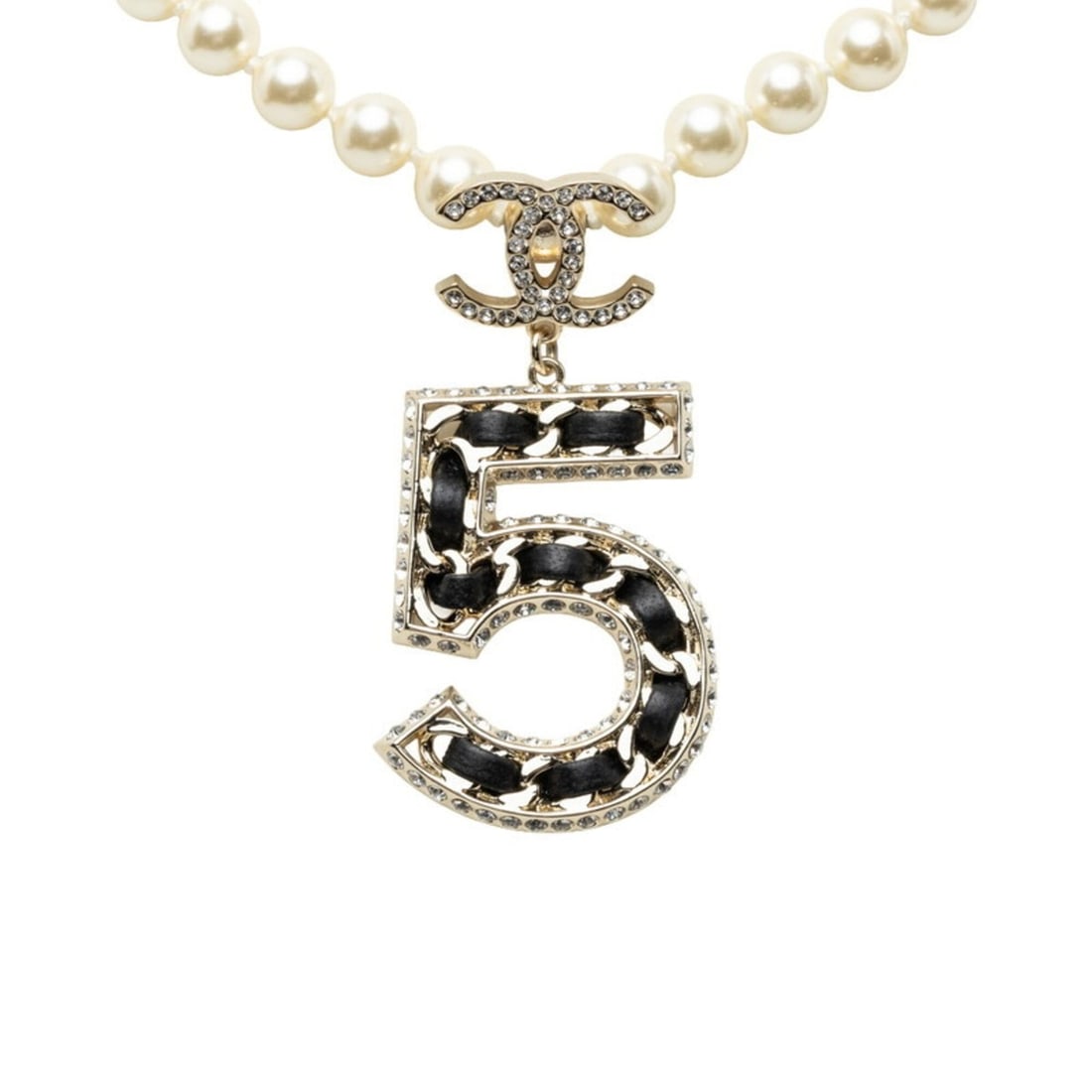 Chanel Coco Mark No. 5 B23P Necklace, Gold and Black Plated, Faux Pearl Rhinestone, Women's.