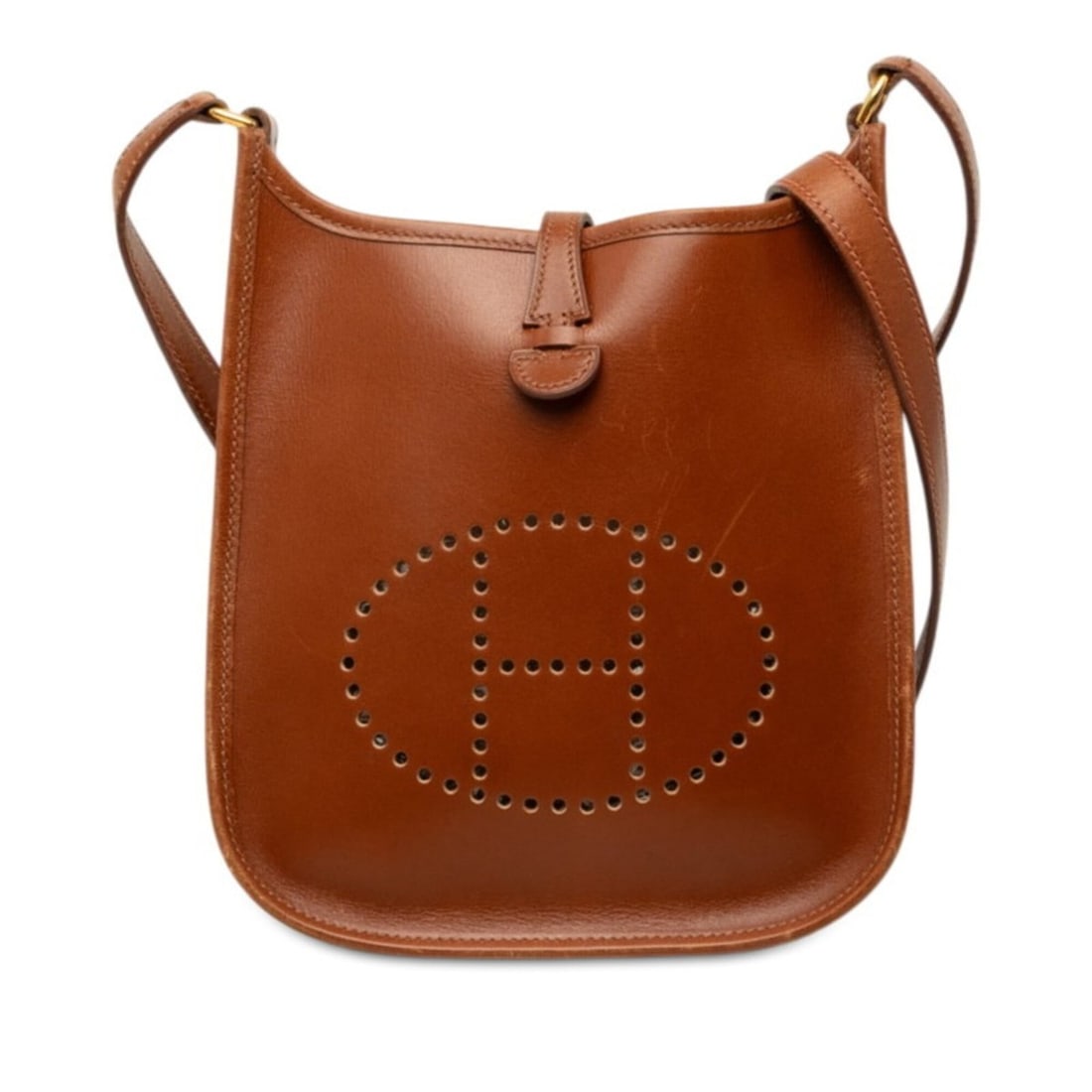 Hermes Evelyne TPM Crossbody Shoulder Bag ?F 2002 Brown Gold Hardware Box Calf Leather Women's: --- Catalog ---Category: SizeSize (HxWxD): 20cm x 17cm x 5.5cm / 7.87'' x 6.69'' x 2.16''Category: DesignType: Shoulder bagColor: BrownGender: WomenMaterial: Box calf leather Hardware Color: GoldCateg
