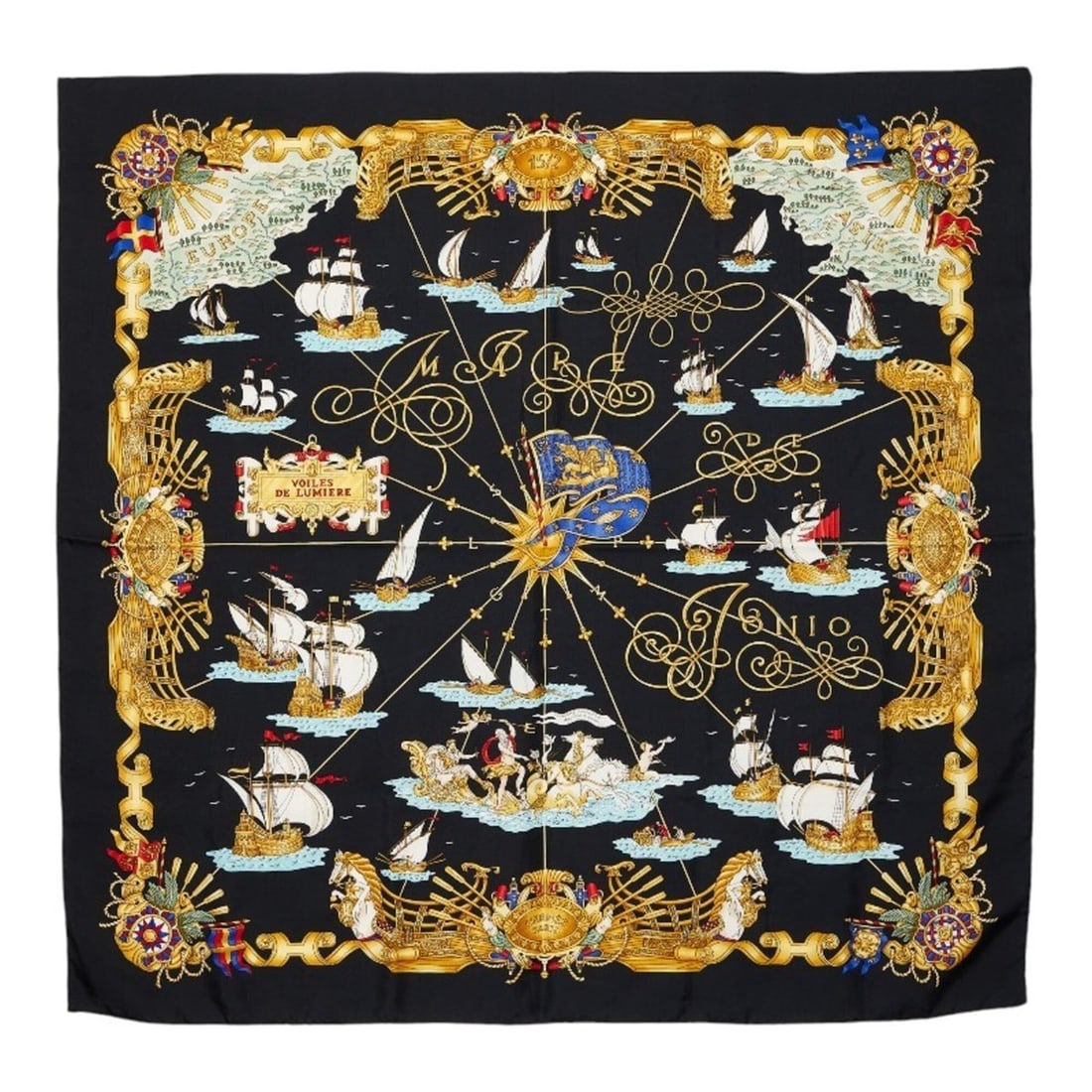 Hermes Carre 90 VOILES DE LUMIERE (Sailboats of Light) Scarf/Muffler, Black/Multicolor Silk, Women's