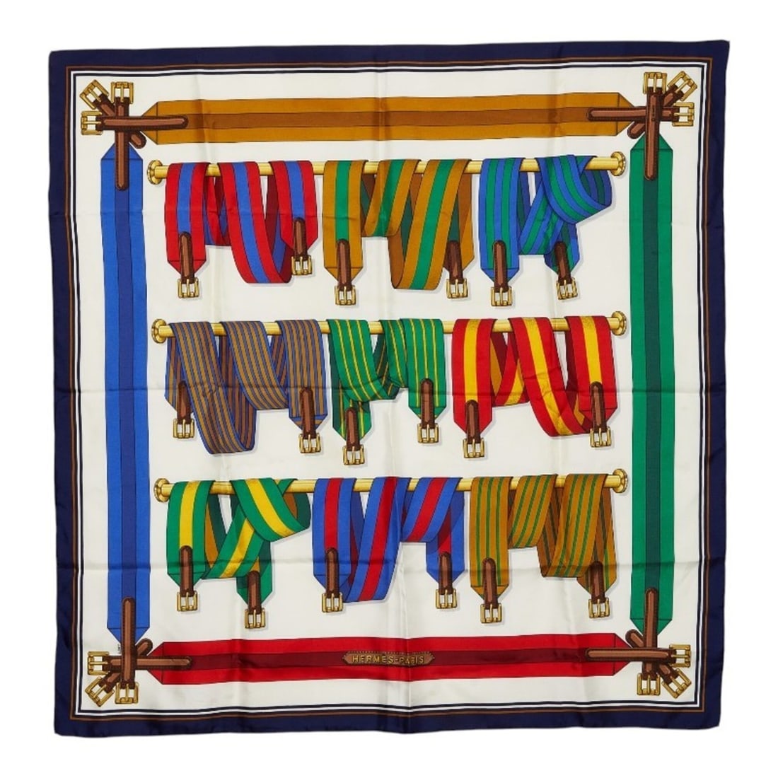 Hermes Carre 90 Les Sangles Suspender Belt Scarf Muffler White Multicolor Silk Women's HERMES