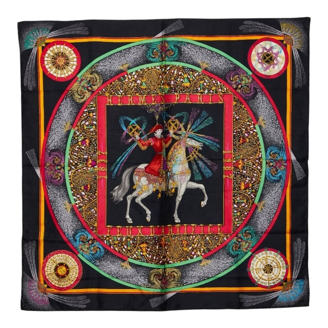 Hermes Carre 90 FEUX D’ARTIFICE (Fire of Craftsmanship) Scarf/Muffler, Black/Multicolor Silk,
