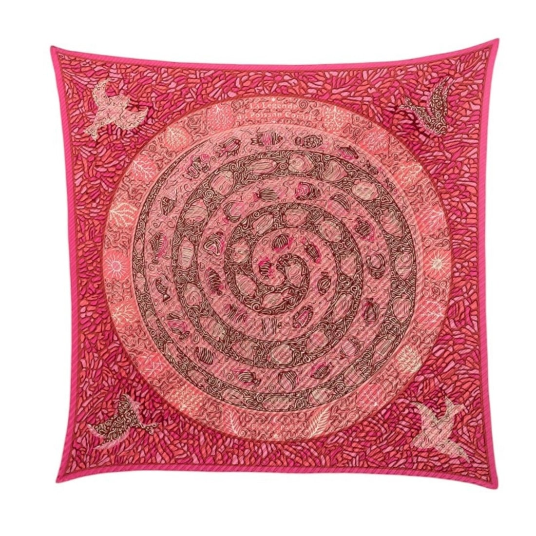 Hermes Carre La Legende du Poisson Corail (The Legend of Coral and Fish) Pleated Scarf, Pink: --- Catalog ---Category: SizeSize (LxW): 88cm x 87.5cm / 34.64'' x 34.44''Category: DesignType: ScarfColor: Multi-color, PinkGender: WomenMaterial: Silk Category: GeneralBrand: Hermes--- Item List ---