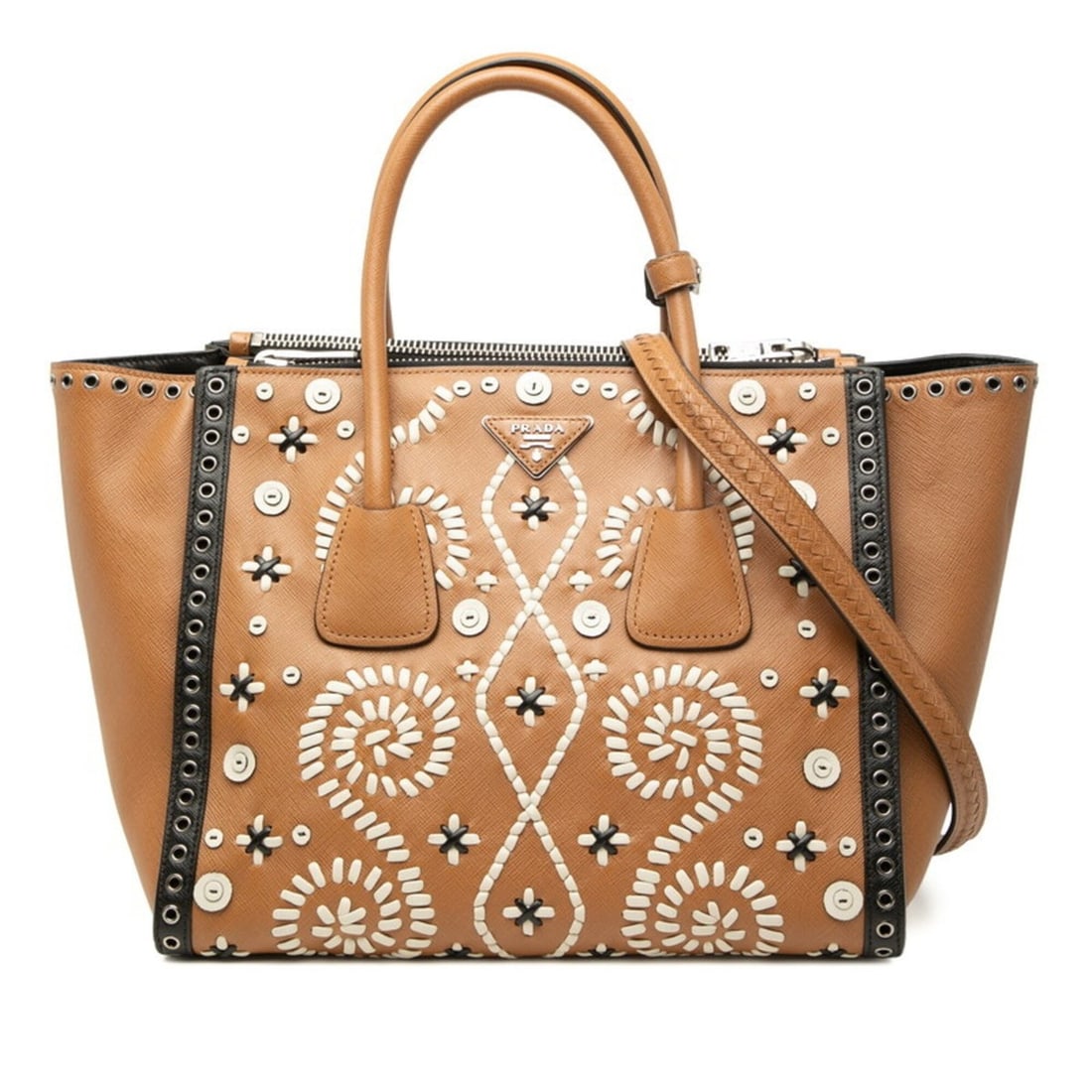 Prada Triangle Logo Plate Handbag/Shoulder Bag 2-Way Brown/White Saffiano Leather Women's PRADA (1 of 11)