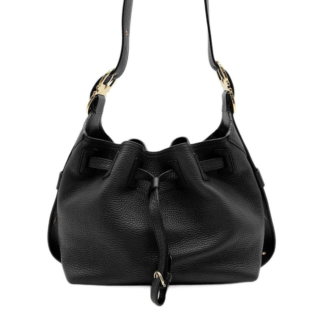 Salvatore Ferragamo Gancini Drawstring Shoulder Bag with Pouch, Crossbody Bag, Leather, Black, (1 of 14)