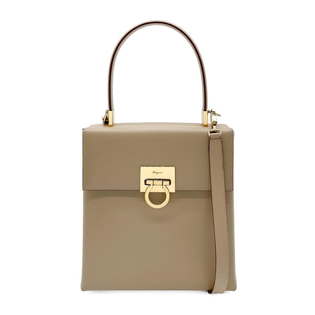Salvatore Ferragamo Gancini Top Handle Handbag Shoulder Bag Strap Leather Beige Women's (1 of 20)