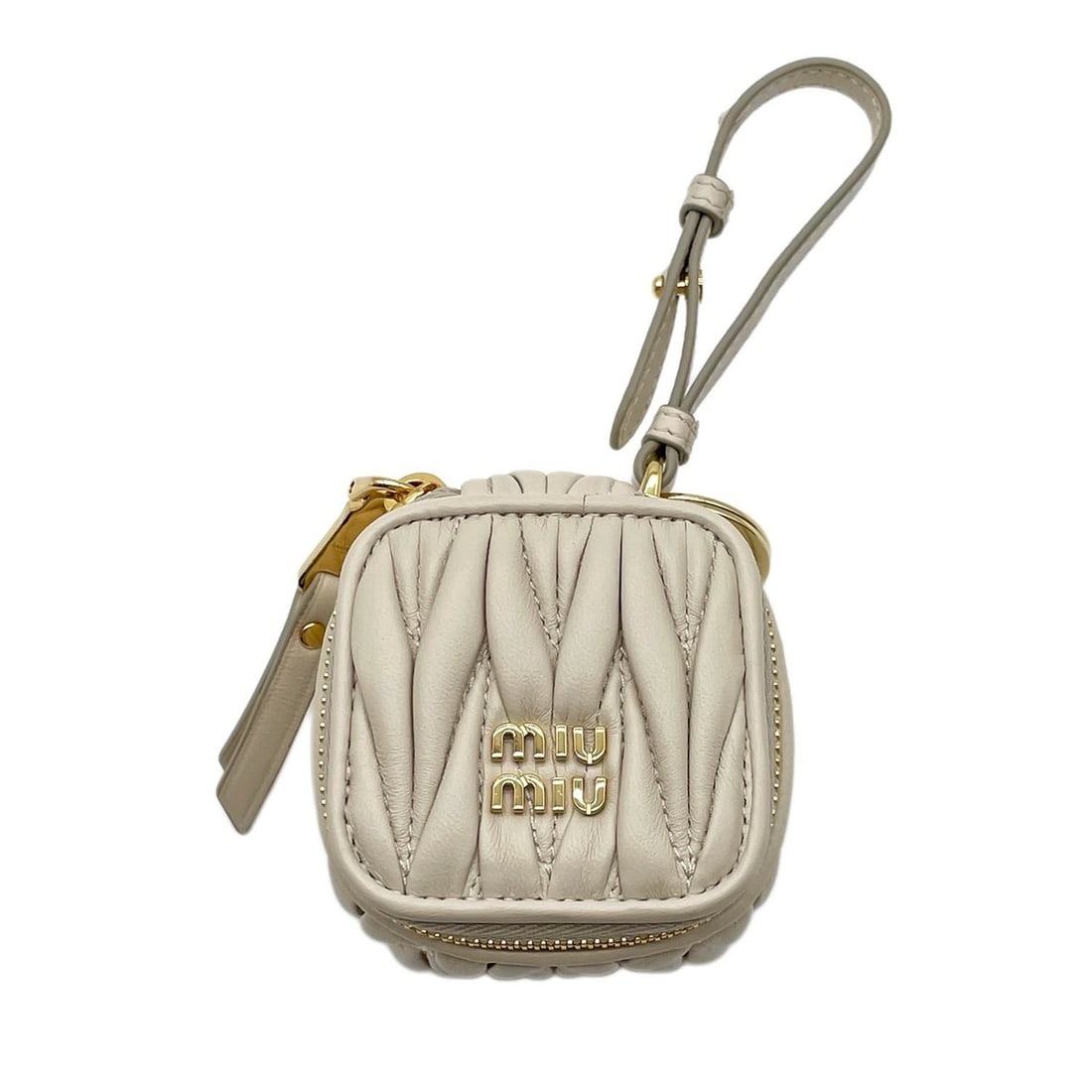 Miu Miu Miu Trick Logo Cube Shape Bag Charm Keychain Matelassé 5TL527 Leather Beige Women's